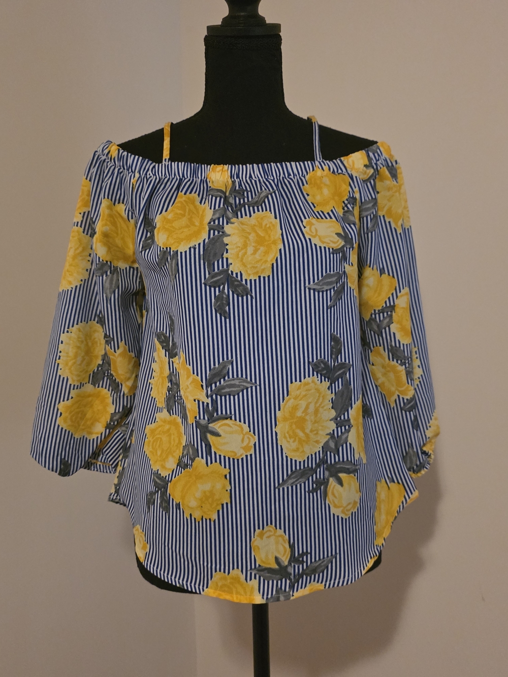 Hint Of Blush Off-Shoulder Blue Stripe & Yellow Floral Top (Medium)